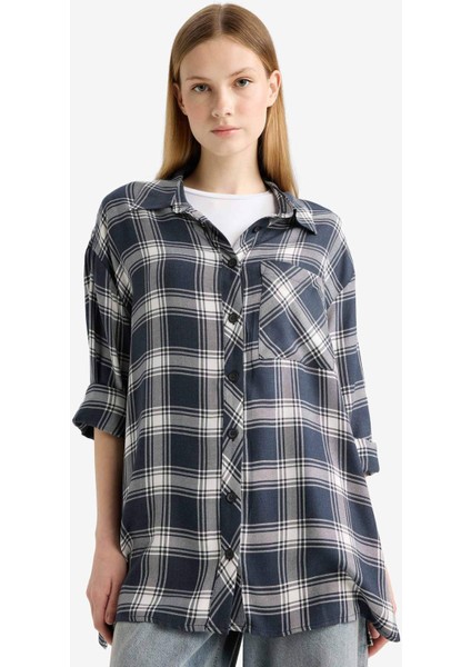 Coool Oversize Geniş Kalıp Kareli Flanel Uzun Kollu Gömlek E4593AX25SP