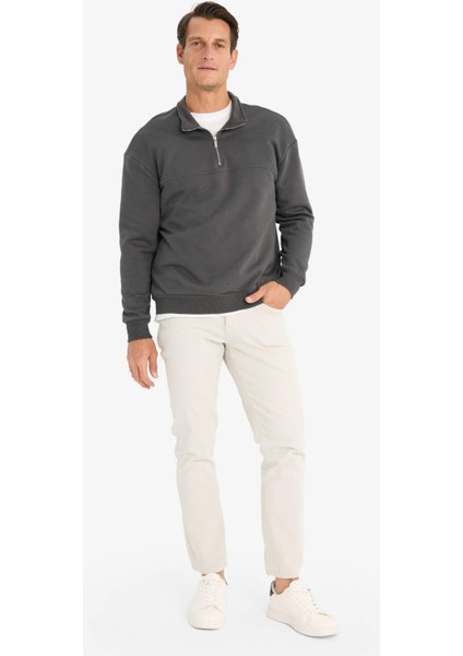 Relax Fit Dik Yaka Fermuarlı Basic Düz Kalın Sweatshirt E5334AX24WN fiyatları