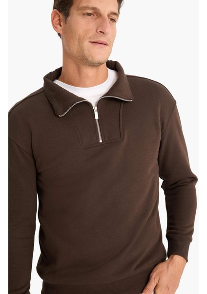 Relax Fit Dik Yaka Fermuarlı Basic Düz Kalın Sweatshirt E5332AX24WN