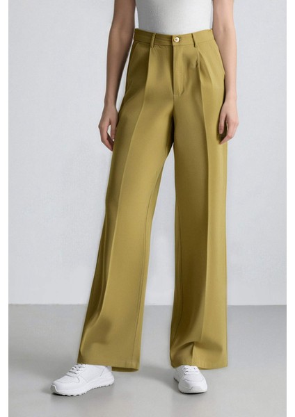 Wide Leg Keten Karışımlı Palazzo Pantolon Yüksek Bel Geniş Bol Paça Pensli Cepli A1922AX25SM