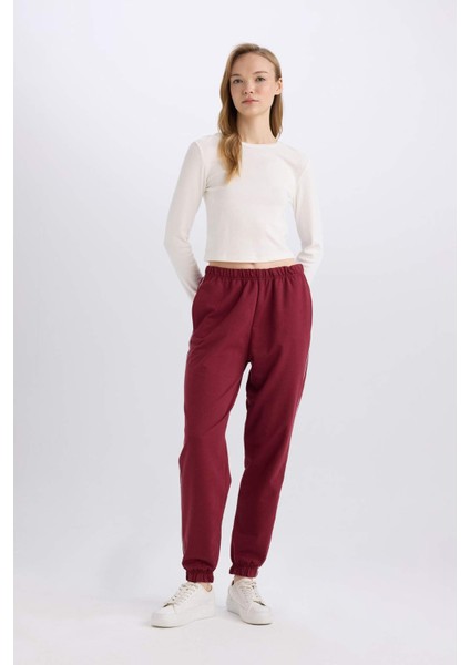 Bordo Jogger Eşofman Altı Cepli Esnek Belli Bağcıklı Dar Paça Uzun Boy E5976AX25SP
