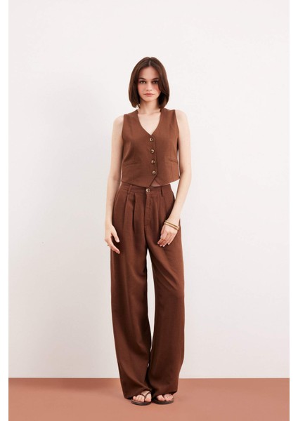 Wide Leg Fermuarlı Normal Bel Standart Boy Geniş Paça Keten Karışımlı Palazzo Pantolon E6210AX25SP