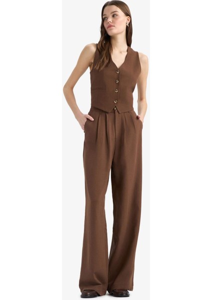 Wide Leg Fermuarlı Normal Bel Standart Boy Geniş Paça Keten Karışımlı Palazzo Pantolon E6210AX25SP