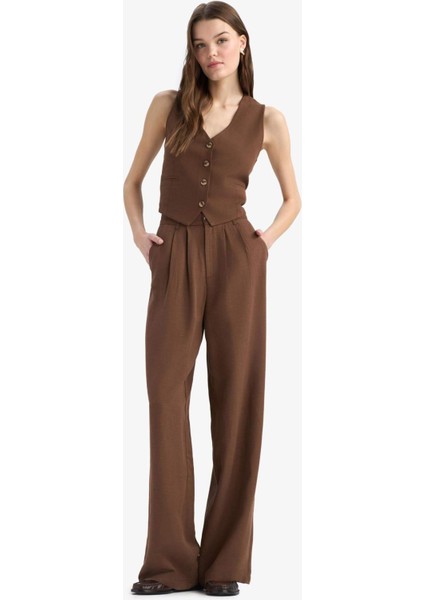 Wide Leg Fermuarlı Normal Bel Standart Boy Geniş Paça Keten Karışımlı Palazzo Pantolon E6210AX25SP