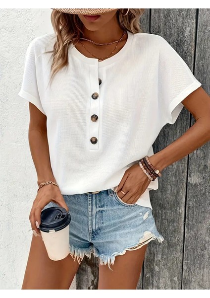 Kadın Kısa Kollu Yakası Açık Önden Düğmeli Waffle Bluz indirimleri