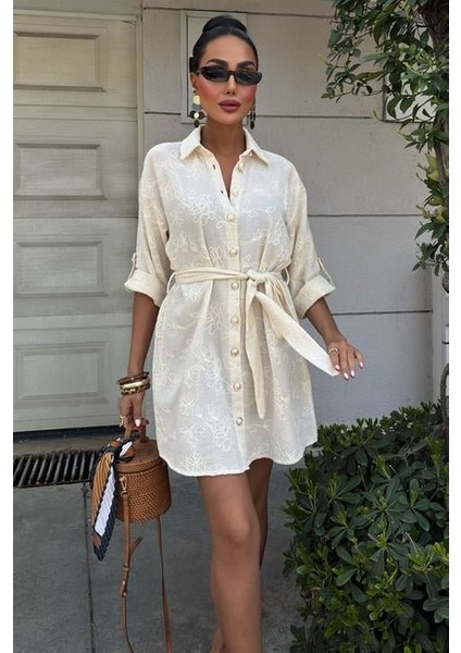 Süzene Nakışlı ve Gold Düğmeli Elbise 2742