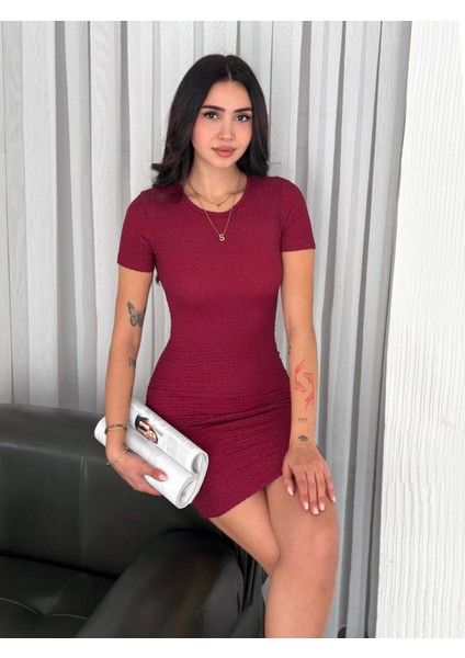 Bisiklet Yaka Kısa Kol Likralı Elbise - Bordo indirimleri