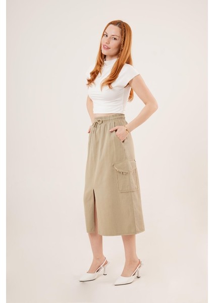 Ön Yırtmaçlı Cep Detaylı Haki Etek fırsatları