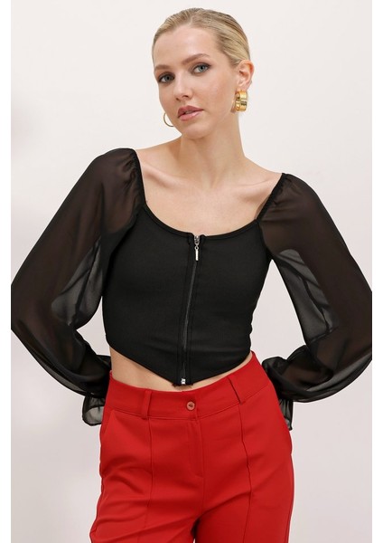 Siyah Şifon Önü Fermuarlı Bluz 0496