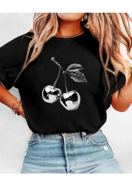 Metal Kiraz Baskılı Özel Tasarım Oversize Tshirt