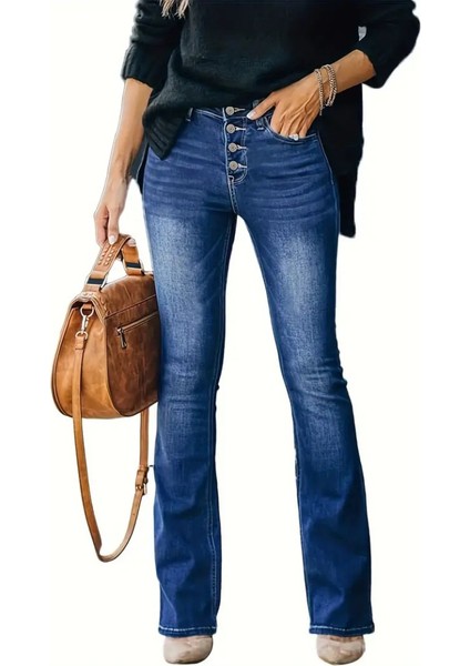 Kadın Yüksek Bel Önden Düğmeli Cep Detay Ispanyol Paça Denim Pantolon