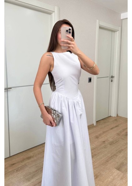 Sifir Kol Beli Oturtmalı Kolsuz Uzun Elbise - Beyaz