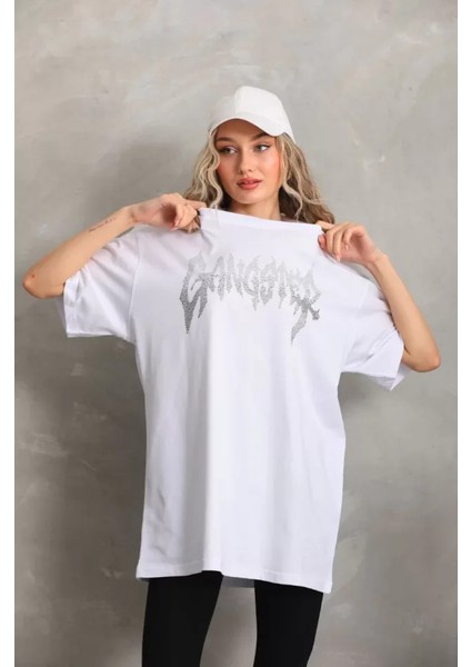 Unisex Taş Desenli Oversize T-Shirt - Beyaz fırsatları