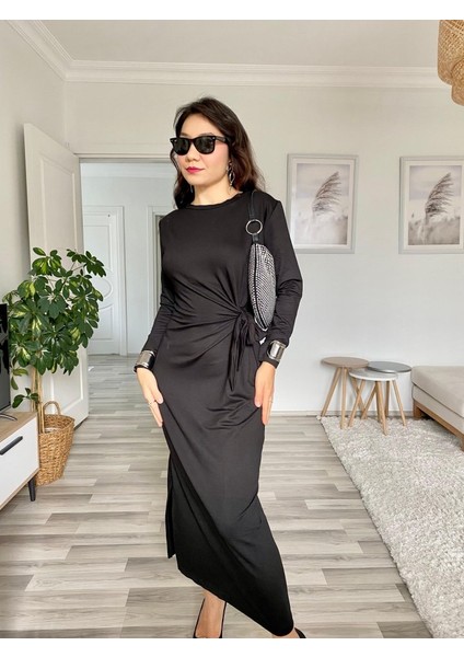 Kadın Uzun Kollu Bisiklet Yaka Belden Çapraz Bağlamalı Yandan Yırtmaçlı Uzun Viskon Iki Iplik Elbise indirimleri
