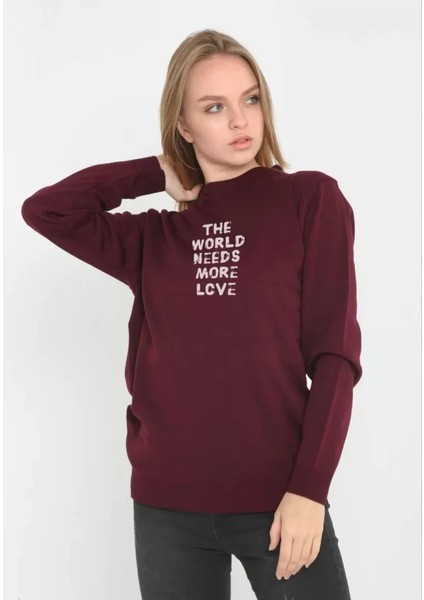 Unisex Bisiklet Yaka Baskılı Dokuma Triko - Bordo fiyatları