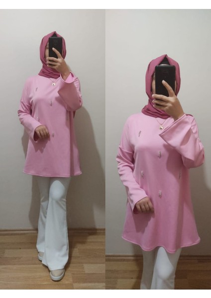 Taş Işleme Detaylı Scuba Oyşo Kumaş Sezen Tunik Kadın Tesettür Giyim ST2196