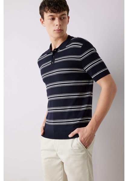 Regular Fit Polo Yaka Çizgili Kısa Kollu Yumuşak Tuşeli Triko Tişört E2665AX25SP modelleri