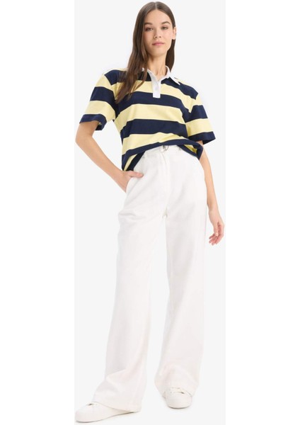 Loose Fit Polo Yaka Çizgili Kısa Kollu Tişört E6602AX25SP indirimleri