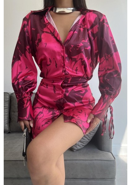 Vatkalı Manşet Detaylı Gömlek Elbise - Fuşya modelleri