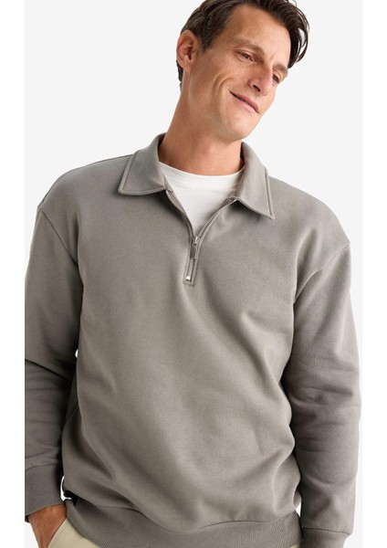 Relax Fit Polo Yaka Fermuarlı Basic Düz Kalın Sweatshirt E5333AX24WN