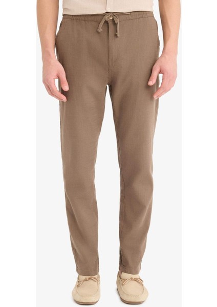 %100 Pamuk Keten Görünümlü Pantolon Beli Lastikli Slim Fit Dar Kesim Cepli Düz Paça D2671AX25SM