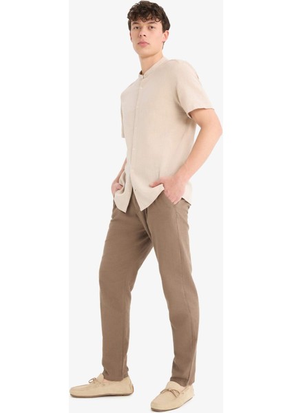 %100 Pamuk Keten Görünümlü Pantolon Beli Lastikli Slim Fit Dar Kesim Cepli Düz Paça D2671AX25SM