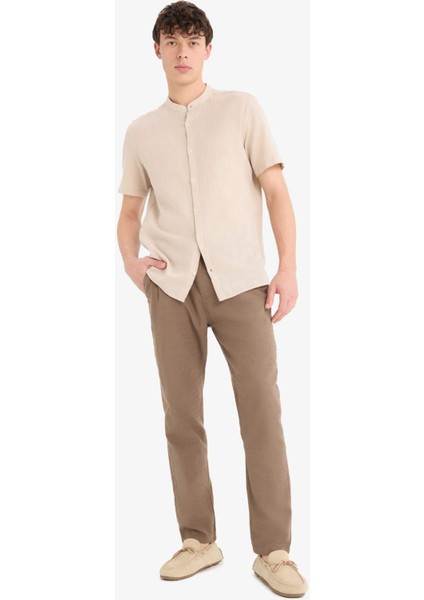 %100 Pamuk Keten Görünümlü Pantolon Beli Lastikli Slim Fit Dar Kesim Cepli Düz Paça D2671AX25SM