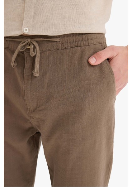 %100 Pamuk Keten Görünümlü Pantolon Beli Lastikli Slim Fit Dar Kesim Cepli Düz Paça D2671AX25SM