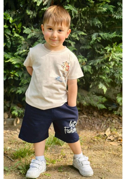Erkek Çocuk Şortlu Takım Balık Tutan Ayıcık Baskılı 1.5-5 Yaş, Bej
