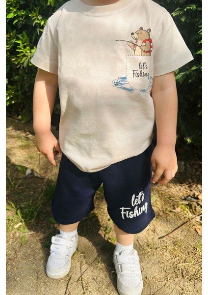 Erkek Çocuk Şortlu Takım Balık Tutan Ayıcık Baskılı 1.5-5 Yaş, Bej fiyatları