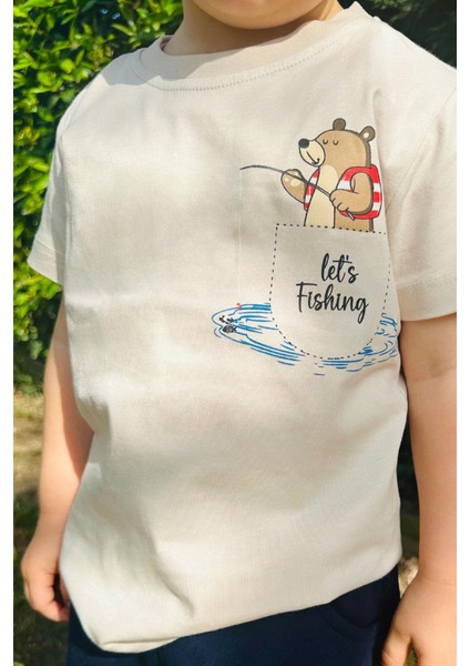Erkek Çocuk Şortlu Takım Balık Tutan Ayıcık Baskılı 1.5-5 Yaş, Bej modelleri