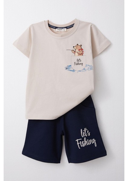 Erkek Çocuk Şortlu Takım Balık Tutan Ayıcık Baskılı 1.5-5 Yaş, Bej fırsatları
