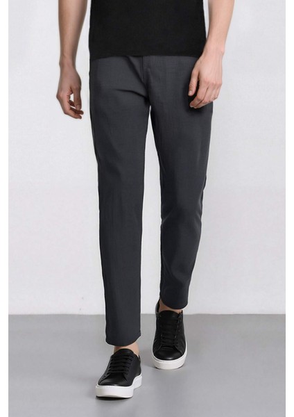 %100 Pamuk Keten Görünümlü Pantolon Beli Lastikli Slim Fit Dar Kesim Cepli Düz Paça