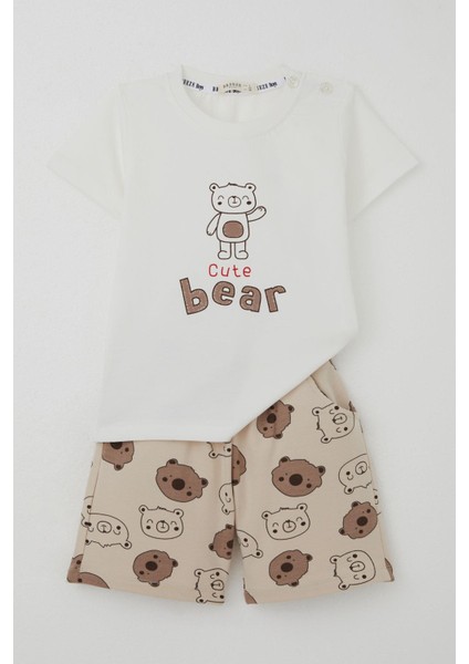 Erkek Bebek Şortlu Takım Havalı Ayıcık Baskılı 9 Ay-3 Yaş, Ekru