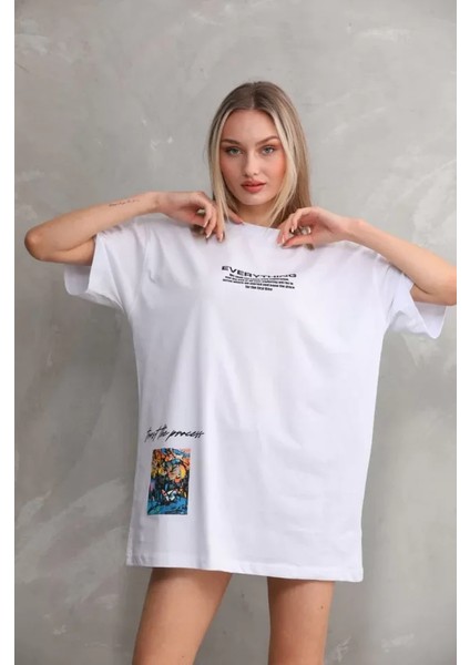 Unisex Bisiklet Yaka Baskılı Oversize T-Shirt - Beyaz indirimleri