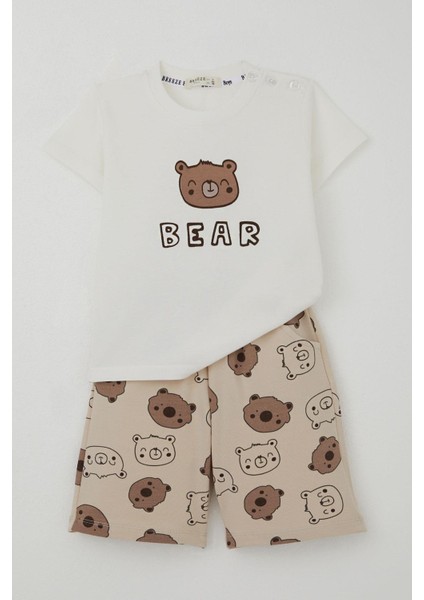 Erkek Bebek Şortlu Takım Sevimli Ayıcık Baskılı 9 Ay-3 Yaş, Ekru