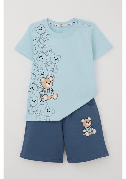 Erkek Bebek Şortlu Takım Oyuncak Bebek Ayıcık Baskılı 9 Ay-3 Yaş, Açık Mavi