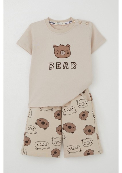 Erkek Bebek Şortlu Takım Sevimli Ayıcık Baskılı 9 Ay-3 Yaş, Bej