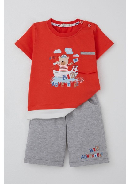 Erkek Bebek Şortlu Takım Sevimli Kaptan Ayıcık Baskılı Cep Detaylı 9 Ay-3 Yaş, Narçiçeği