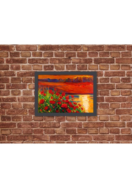 Ahşap Kendinden Çerçeveli Tablo - Yağlı Boya Gün Batımı Kırmızı Gelincik, Standart - 20X28CM fiyatları