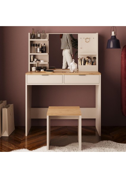 V5060 Diena Takı Askılı Raflı Tabureli Makyaj Masası Aynalı Sepet Kumtaşı