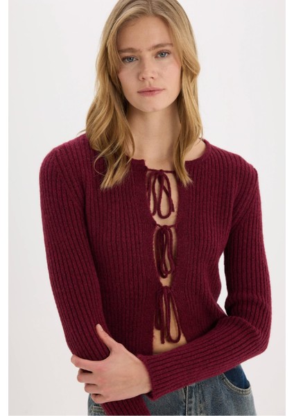 Regular Fit Bisiklet Yaka Bağlamalı Basic Düz Triko Hırka fırsatları