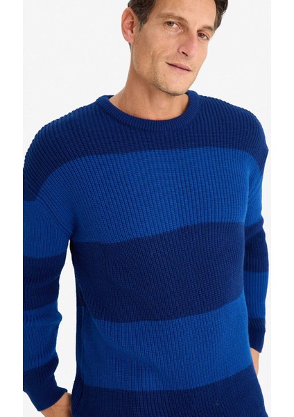 Oversize Geniş Kalıp Bisiklet Yaka Çizgili Triko Kazak E5372AX24WN