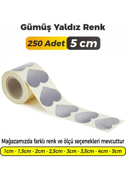 Kalp Kesimli Gümüş Yaldız Çok Amaçlı Etiket 5cm (250 Adet)