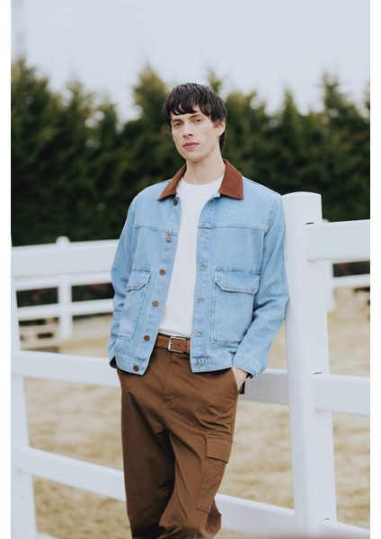 %100 Pamuk Slim Fit Dar Kesim Kontrast Yakalı Mevsimlik Baharlık Denim Ceket E6533AX25SP fiyatları