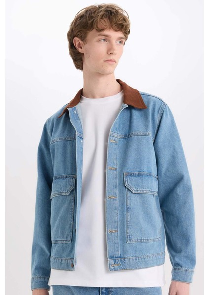 %100 Pamuk Slim Fit Dar Kesim Kontrast Yakalı Mevsimlik Baharlık Denim Ceket E6533AX25SP modelleri