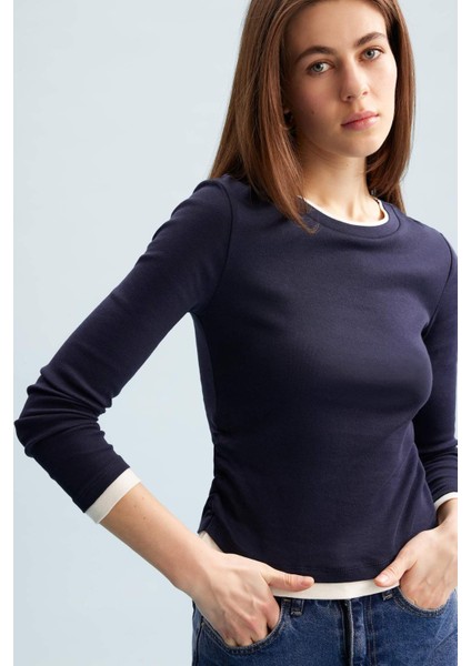 Slim Fit Dar Kesim Bisiklet Yaka Ribana Uzun Kollu Tişört E6548AX25SP
