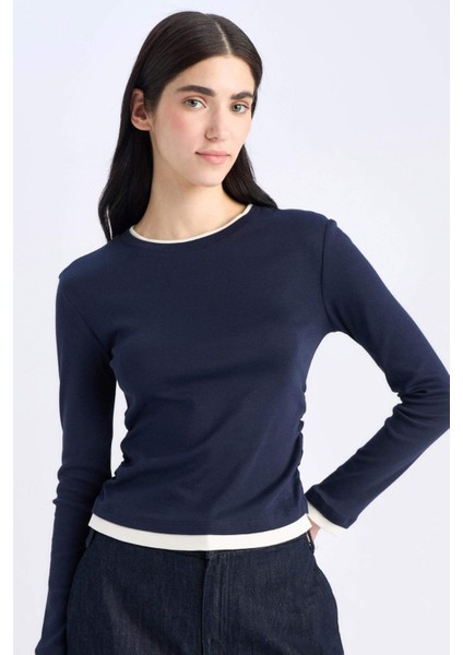 Slim Fit Dar Kesim Bisiklet Yaka Ribana Uzun Kollu Tişört E6548AX25SP