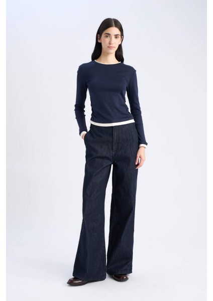 Slim Fit Dar Kesim Bisiklet Yaka Ribana Uzun Kollu Tişört E6548AX25SP