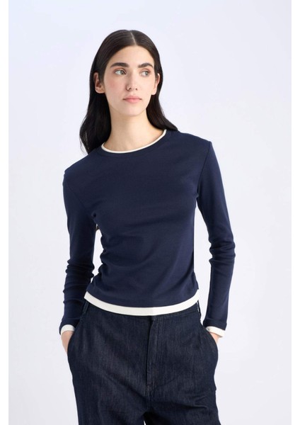 Slim Fit Dar Kesim Bisiklet Yaka Ribana Uzun Kollu Tişört E6548AX25SP
